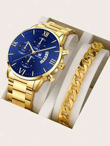 腕時計 メンズ セット 1個 男性 ゴールド ステンレス鋼 ストラップ ファッショナブル 丸い ダイヤルクォーツウォッチ & 1個