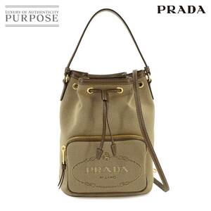 新品同様 プラダ PRADA 巾着 ロゴ ジャガード 2way ハンド ショルダー バッグ キャンバス レザー ベージュ ブラウン 1BH038 90230000