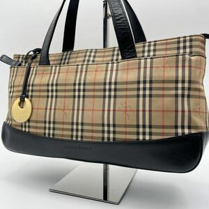 1円【美品・入手困難品】BURBERRY バーバリー トートバッグ ハンド ノバチェック キャンバス レザー 本革 ロゴ型押し ベージュ レディース