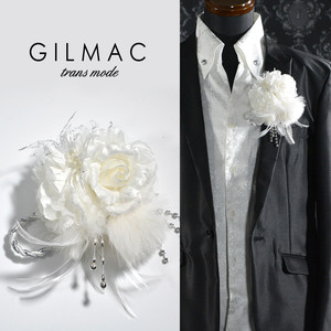 ◆k5704-3 GILMAC コサージュ 薔薇 フェザー ツイストロープ ブローチ メンズ(ホワイト白) 大きめ 結婚式 パーティー 日本製 2way バラ 花