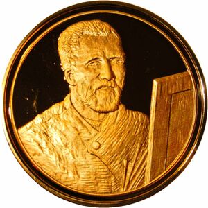 219 画家ゴッホ パリ造幣局 限定版 印象派展100周年 1888年作 パレットを持つ自画像 彫刻 純金張り 24KT ゴールド 純銀製 アートメダル
