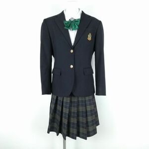 1円 ブレザー チェックスカート リボン 上下4点セット LL 大きいサイズ 冬物 女子 学生服 兵庫西宮南高校 紺 制服 中古 ランクC NA1965