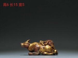 ◆古寳堂◆戦漢時期 青銅製 塗金 子母獨角獣 置物 賞物 極細工 古置物 古擺件 中国古美術 時代物 古董品