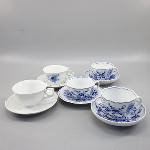 1円〜 Meissen マイセン ブルーオニオン・青い花・波の戯れ まとめ 計5客 カップ＆ソーサー 56-2714014【O商品】