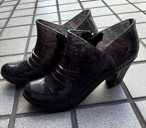 レイン 防水 素材 黒 ×グレー 24cm39サイズ ブーティー サイド ファスナー ブーツ 7.5cmヒール 中古 長靴 通勤 可愛い レインブーツ