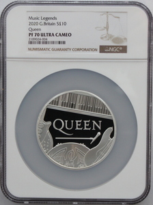 2020年 イギリス ミュージック・レジェンド クイーン 10ポンド 5オンス 銀貨 NGC PF70UC 最高鑑定品！！（保管用の木製BOX付き）