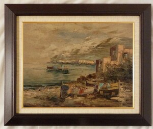 ヨーロッパ絵画 肉筆油絵 F6号 コルシニ作「ナポリの港」16＋新品額縁付