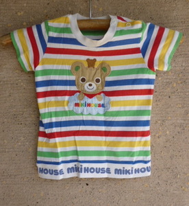 miki HOUSE　ミキハウス　Tシャツ　プッチーくんアップリケ　カラフルボーダー　９０