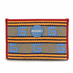 （新品・未使用品）グッチ GUCCI リゾート MYKONOS ストライプ ポーチ クラッチ セカンドバッグ ファブリック ブラウン ブルー 627080