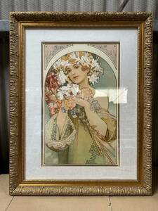 【た-4-151】140 Alphonse MUCHA アルフォンス ミュシャ「花」 フラワー 額装 額縁付き 複製 リトグラフ 絵画 