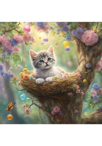 子猫　花　ねこ　イラスト 絵画　絵　インテリア　Ｌ版プリント ★NO80