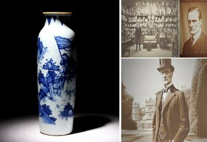 実業家コレクト放出　295　清時代　染付人物紋瓶　筒瓶　高さ約27.6cm　（検）青華 花瓶 花器 唐物 中国美術 古玩