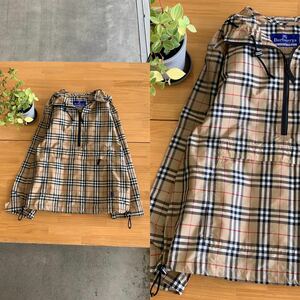 美品 BURBERRY バーバリー ハーフジッププルオーバーナイロンジャケット フード付トップス シャツ ブラウス ベージュ茶黒白色系 サイズ38