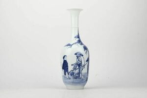【氷】初だし 中国美術 大清乾隆年製 青花 染付 漢詩 馬 人物文 花瓶 飾壷 Cj621