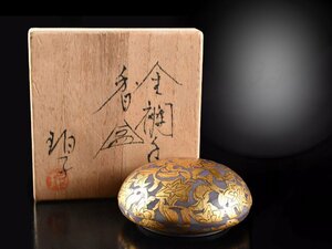 【雲】某有名コレクター買取品 小野珀子 金欄手紅葉絵付香合 直径6.8cm 共箱 古美術品(旧家蔵出)BA9927 LTpmnb