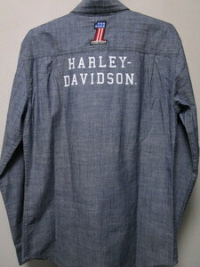 新品！ハーレーダビッドソン　長袖シャンブレーシャツ（HARLEY DAVIDSONワッペンプリントワークシャツデニムシャツ）