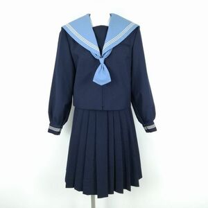 1円 セーラー服 スカート ネクタイ 上下3点セット 165A 大きいサイズ トンボ 冬物 白3本線 女子 学生服 中学 高校 紺 中古 ランクC NA1580