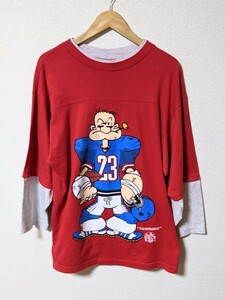 希少 USA製 90sヴィンテージ ポパイ POPEYE Tシャツ アメキャラ 両面プリント 当時物 アニメ 映画 バンド 総柄 オリーブ 海兵 アメフト