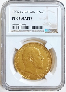 NGC PF62 MATTE 1902年 英国 イギリス エドワード7世 5ポンド 5ソブリン マットプルーフ 金貨 単年度発行 高鑑定 アンティークコイン