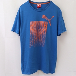 プーマ Tシャツ L 青 オレンジ PUMA 半袖 ロゴ プリント クルーネック メンズ レディース 古着 中古 st169
