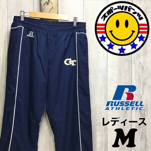 SDN3-848◆USA正規品 美品◆カレッジ【RUSSELL ラッセル】ウィンドブレーカーパンツ【レディース M】紺 白 シャカシャカパンツ ナイロン