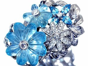 1円～【ジュエリー極】超豪華 花彫刻天然ブルートパーズ15.59ct＆脇ブルトパ0.90ct＆ダイヤ0.48ct 超高級K18WGリング k8448izl【送料無料】