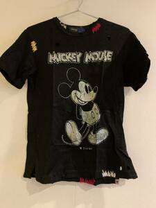 Disneyミッキーmastermindマスターマインドジャパン　ホログラムラメ ダメージ ミッキー　Tシャツ
