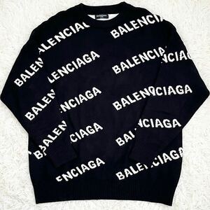 1円〜 極美品 希少XLサイズ バレンシアガ BALENCIAGA ニット セーター トップス ロゴ 総柄 ブラック 黒 ウール 