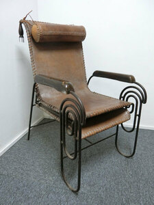 ■得々■アイアン＆レザーラウンジチェア/エクステンション付き/1925年頃/FRENCH MODERNIST WROUGHT IRON & LEATHER LOUNGE CHAIR