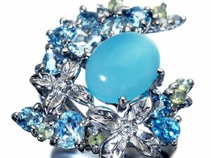 1円～【ジュエリー極】爽やかな色合い！良質天然シーブルーカルセドニー2.53ct＆マルチ宝石＆ダイヤ 高級K14WGリング k8495ml【送料無料】