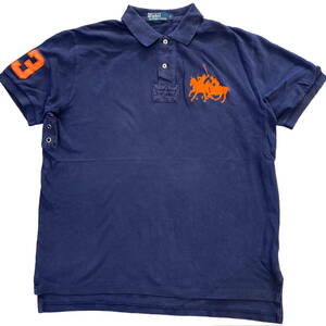 90s Polo Ralph Lauren ダブルポニー ポロシャツ M ネイビー ビッグ ロゴ 刺繍 袖 ナンバリング 3 半袖 ラガーシャツ ポロ ラルフローレン