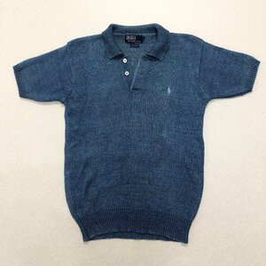 ●90s Polo by Ralph Lauren ポロ ラルフローレン 半袖 ニット ポロシャツ セーター ロゴ刺繍 ナイガイ ブルー系 メンズ サイズM 0.42㎏●