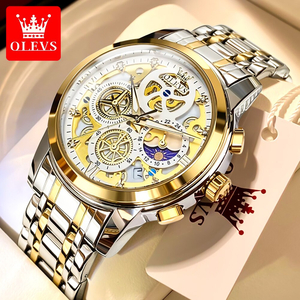 【シルバー ゴールド ホワイト】メンズ高品質腕時計 海外人気ブランド Olevs クロノグラフ スケルトン 防水 クォーツ式