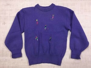 Florida keys フロリダキーズ レトロ オールド 90s 古着 ゴルフ 刺繍 ニット セーター レディース 肩パット有 ウール100% 日本製 紫
