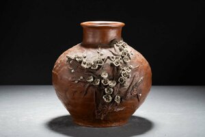 【善古堂】某有名収集家買取品 江戸～明治時代物 古常滑 梅花文壺 飾壺 花入り 骨董品 古美術0306-27H15　