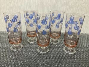 【美品】アデリア 花柄グラス 5個セットADERIA 昭和レトロ 脚付き コップ ブルー 高さ 約15cm ガラス 食器