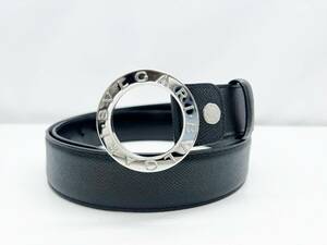 約93.5～99ｃｍ　良好品　BVLGARI　ブルガリ　マン　ラウンドバッグ　ロゴ　ベルト　黒　グレインレザー