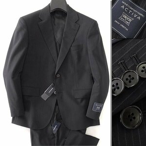 新品 スーツカンパニー 春夏 ストレッチ ウール ストライプ スーツ A7 (LL) 黒 【J47766】 180-6D メンズ シングル ノータック