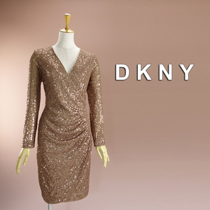 新品 DKNY 10/13号 ダナキャラン ゴールド スパンコール ワンピース パーティドレス 長袖 結婚式 二次会 披露宴 フォーマル 輝62F0401