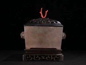 「時代物 古銅彫 双獣耳馬槽老銅香薰炉」旧銅器 置物擺件 賞物 中国古美術 旧蔵出