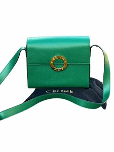 激レア◆保管品◆CELINEセリーヌVintageヴィンテージ緑金カーフゴールドＧ金具デカ丸い金具斜め掛けショルダーバッグ緑グリーン