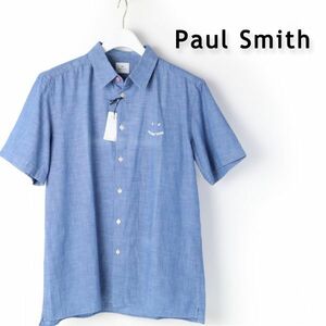 516 新品 PS Paul Smith ポールスミス Happy インディゴ コットン 半袖 シャツ メンズ カジュアル シャツ トップス L