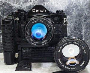 【終活】 Canon A-1 美品＋NEW FD 50mm f1.4＋FD 135mm f3.5＋強力モータードライブMA 各動作良好 露出計OK 光学連写OK 持病鳴きなし