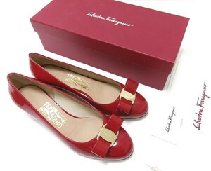 新品★Salvatore Ferragamo サルバトーレ フェラガモ★VARA1 リボン パンプス★チャンキーヒール 24.5cm★ROSSO 赤★パテント