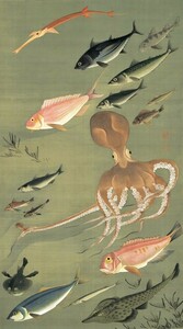 【フルサイズ版】伊藤若冲 動植綵絵 群魚図 蛸 じゃくちゅう 生誕300年 壁紙ポスター 特大 576×1033mm （はがせるシール式）033S1