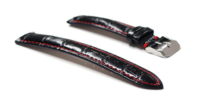 ラスト　腕時計 レザー ベルト 18mm ブラック 黒 赤 ステッチ クロコダイル型押し 牛革 ピンバックル シルバー l003-re-n-s