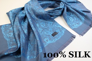 新品【SILK シルク100%】華 ペイズリー柄 大判 薄手 ストール/スカーフ エメラルドブルー系 チャコールグレー