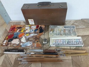 学校系】ホルベイン 文房堂 パレット 筆 水彩 絵の具 サクラマット 油絵具 木箱セット アート用品 画材 絵画　ペイント アンティーク 現状