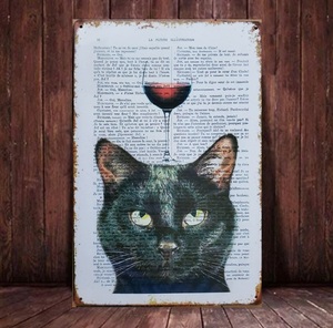 ブリキ看板　HANAKO　レトロ　猫カフェ　猫の看板　L25　黒猫　赤ワイン　ウェルカムボード　ワインバー