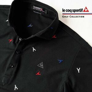 (美品) ルコック スポルティフ ゴルフ lecoq sportif ゴルフ 吸汗速乾 ポロシャツ L ブラック 総柄 刺繍 半袖 シャツ 